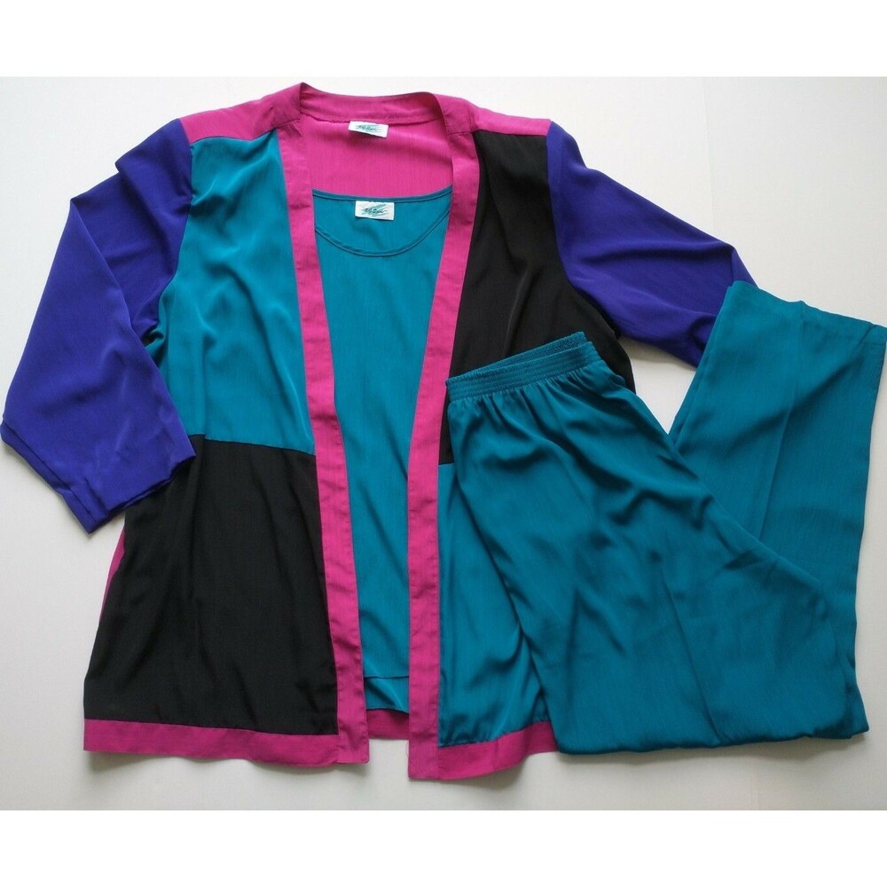 VTG SG Sport 3 Piece ColorBlock Cardigan Cami Pants Teal Pink Sz 1x 2x Retro 80s
